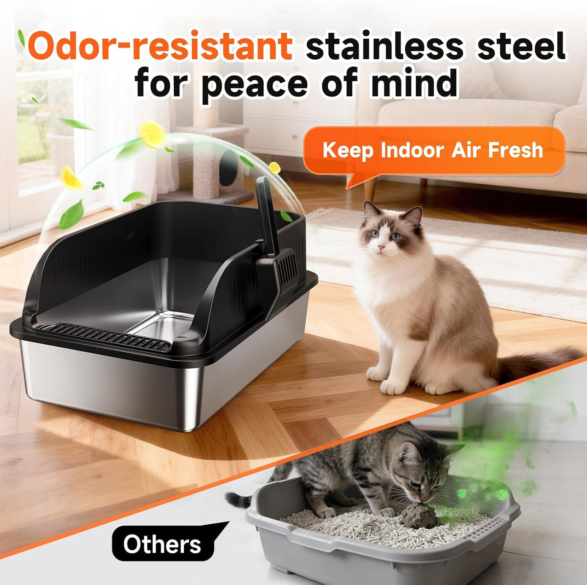 Extra Large Stainless Steel Litter Box with Lid, XL Odor Free Metal Litter Box with High Sides for Big Cats, Open Top Easy Cleaning Kitty Box Anti-Urine Leakage, Non-Sticky, Include Scoop, Black