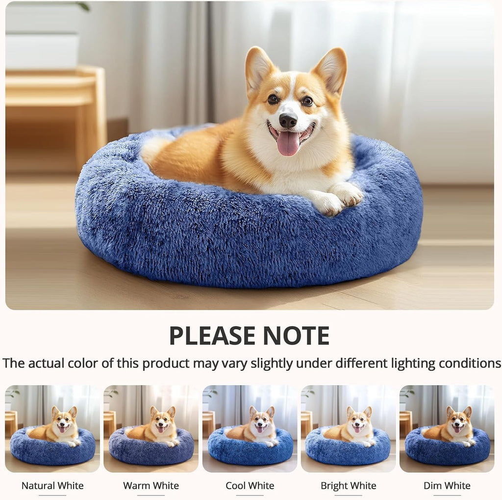 JOLLYVOGUE Calming Dog Beds Extra Large Sized Dog, 45in Donut Washable Large Pet Bed, Anti-Slip & Anti-Anxiety Fluffy Faux Fur Round Dogs Bed, Fits up to 125 lbs Pets (Navy Blue)