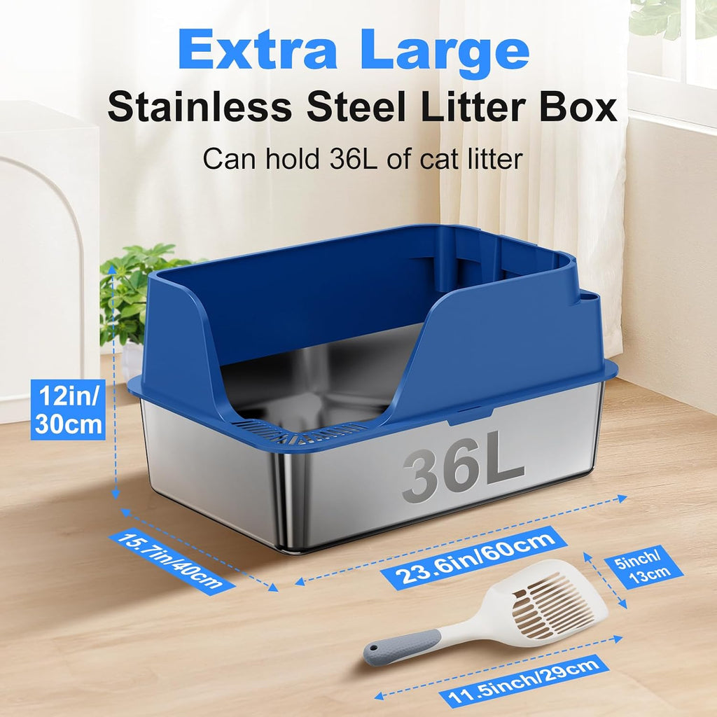 Non-Stick Stainless Steel Litter Box, XL Side Open Splash-Proof (Blue)