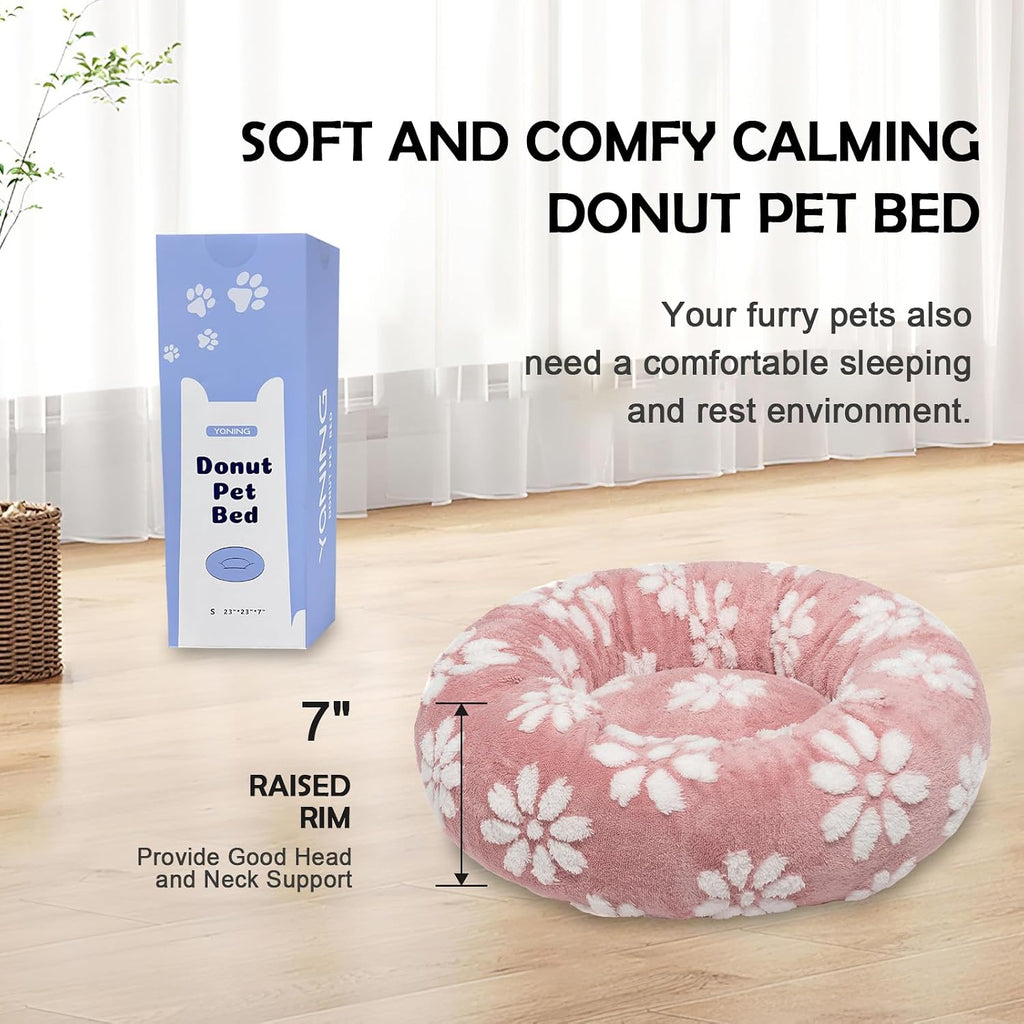 Donut Dog Beds, Calming Round Cat Beds for Indoor Cats, Pink, 23"