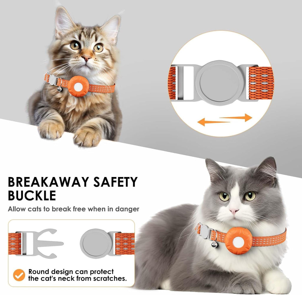 GPS Tracker for Cats, Cat Tracker Collar with Safety Elastic Buckle, Compatible with Apple Find My App (Only iOS), No Monthly Fee, Waterproof (White Tracker, Orange Cat Collar)
