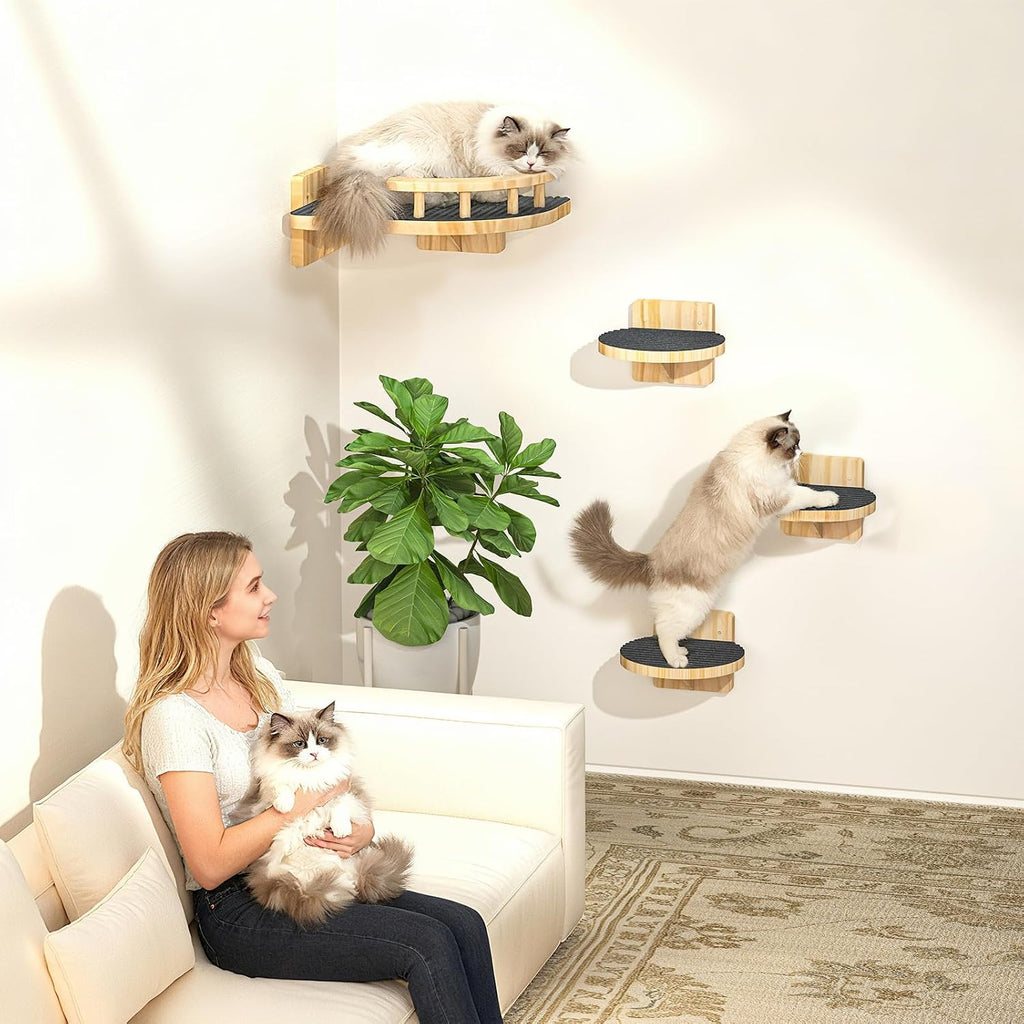 XiaZ Cat Wall Shelves, Corner Cat Shelf with 3 Wide Perch Steps, Kitty Wall Climber Wooden Furniture up to 25lbs, Modern Floating Cats Stairs for Indoor Sleeping, Playing, Climbing