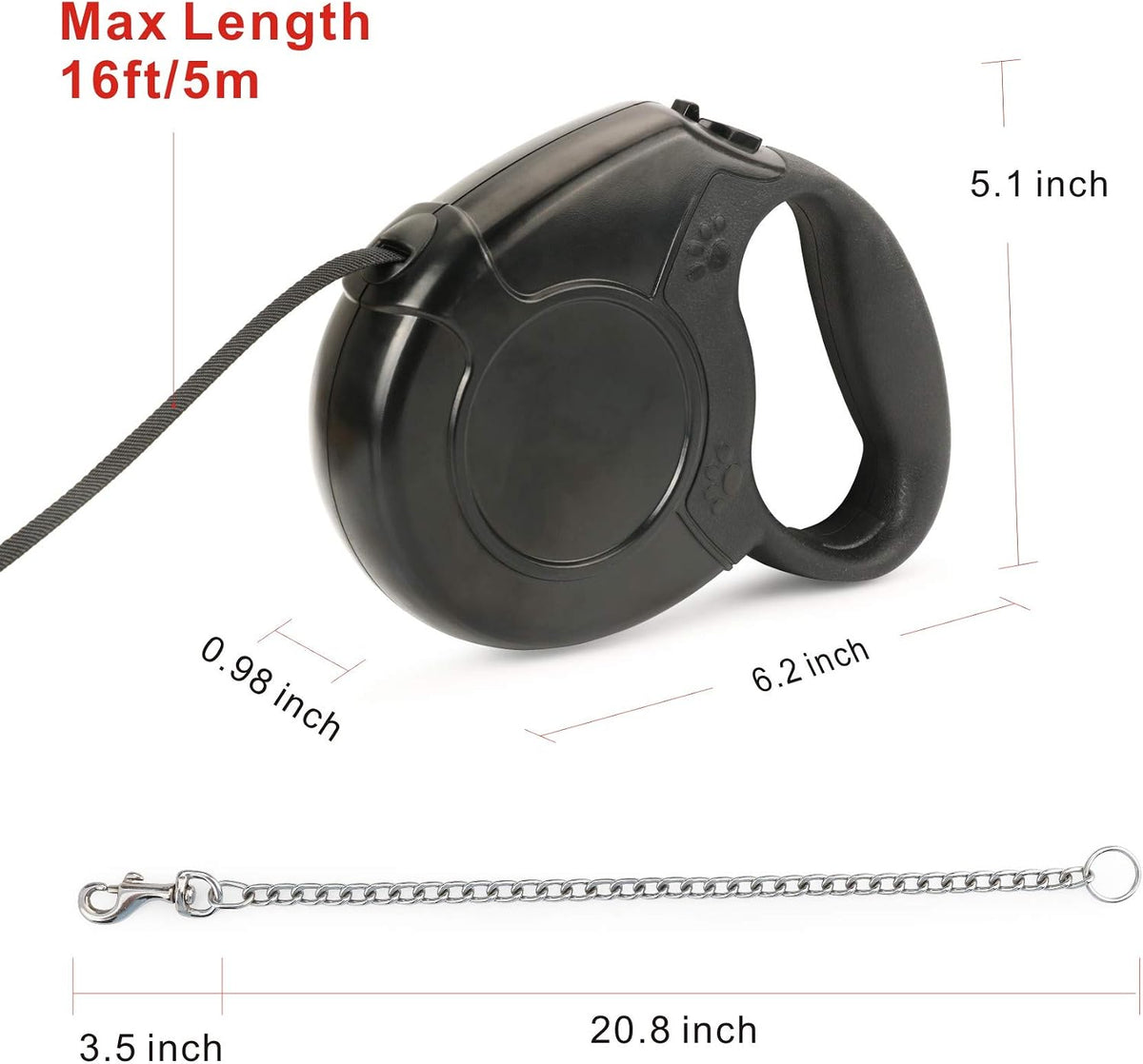 Idepet Heavy Duty Retractable Dog Leash for Small and Medium Dogs, Anti-Chewing Steel Chain 360 Degree Tangle-Free,Break and Lock System,16ft Leash for Dog Walking (Black, Flat Rope)