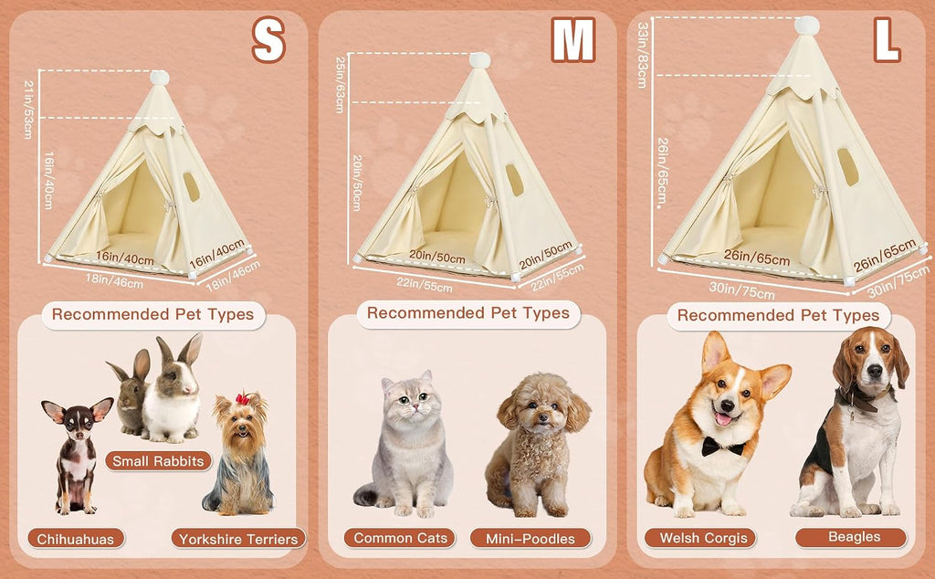 Standard Cat & Mini Dog Teepee Tent House Int 20x20x20in/Ext 22x22x25in