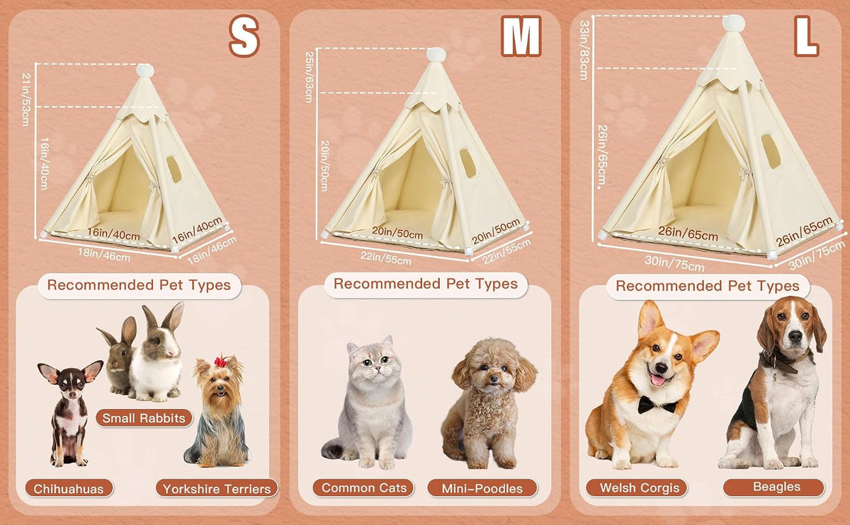 Standard Cat & Mini Dog Teepee Tent House Int 20x20x20in/Ext 22x22x25in
