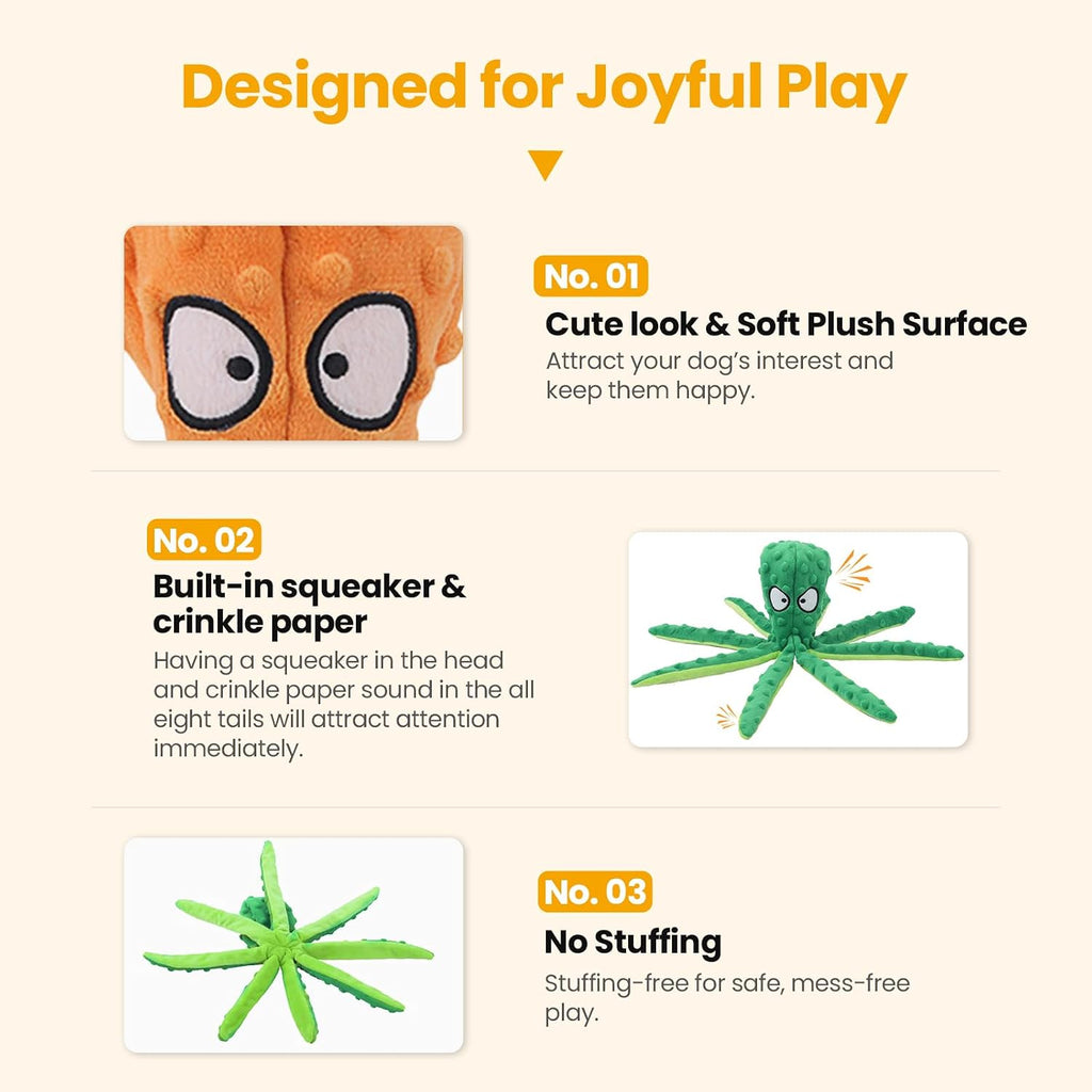 HGB Squeaky Dog Toys No Stuffing Octopus Crinkle for Large Medium Small Dog | 2 Pack Tough Plush Chew Toys for Chewers Puppy Teething, Interactive Tug of War & Keep Them Busy, Birthday Gift
