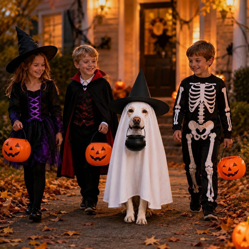 Halloween Dog Ghost Costume Pet Ghost Cape Hat Witch Candy Pot for L XL