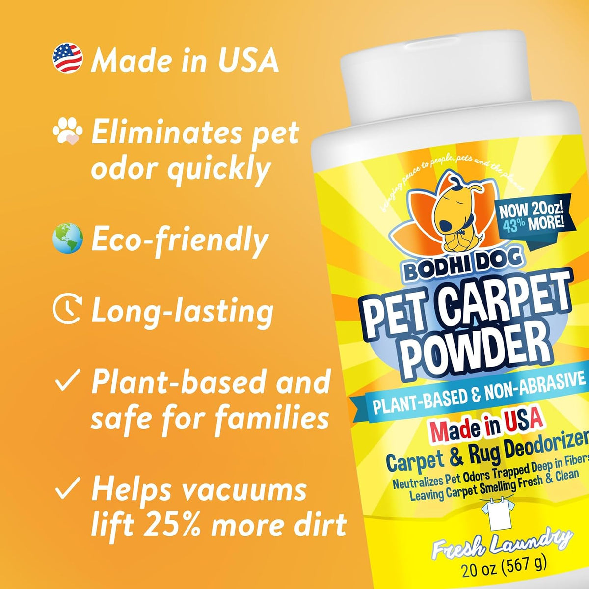 Bodhi Dog Natural Carpet Deodorizer Powder - Dry Pet Smell Eliminator & Urine Odor Remover - Loosens Fur & Dirt - Plant-Based Room Freshener for Vacuuming Home - Fresh Laundry (Pack of 1)