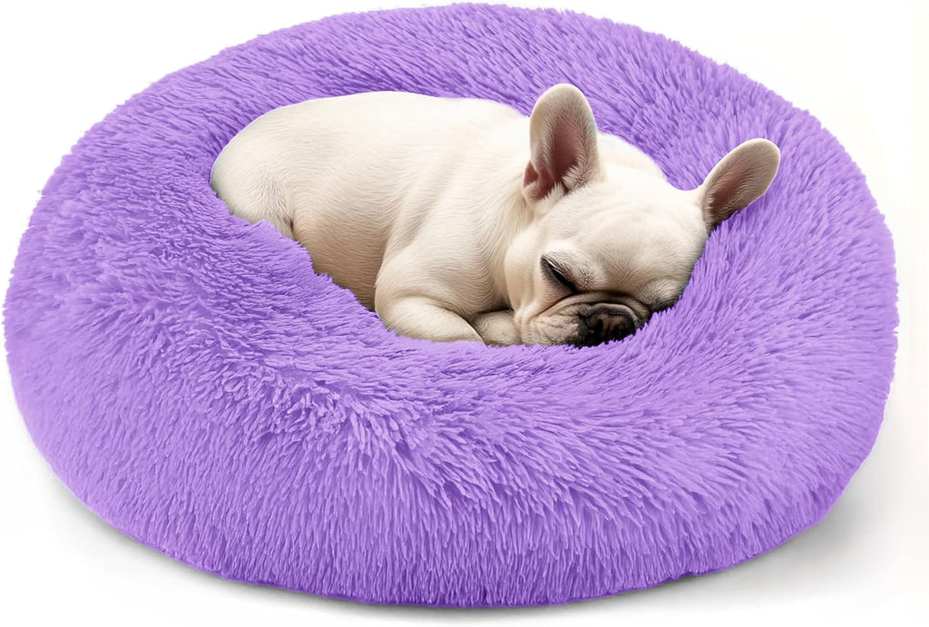 Dogs Bed for Small Dogs, Anti-Anxiety Washable Round Bed (24in Purple)
