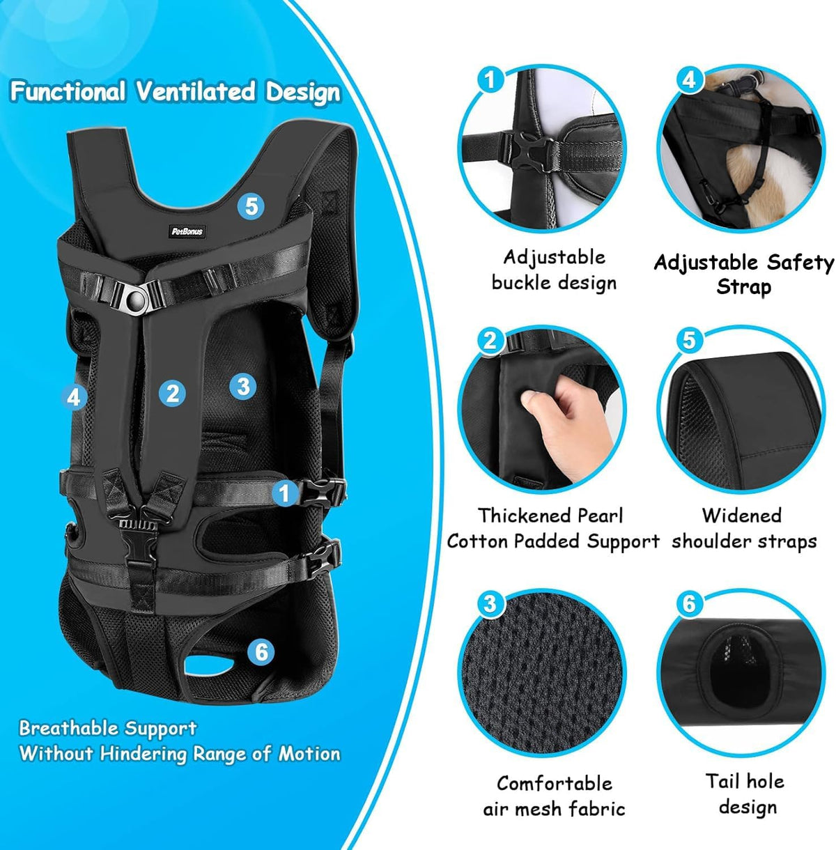 PetBonus Pet Front Dog Carrier Backpacks, Adjustable Pet Backpack, Legs Out Easy-fit Puppy Chest Carrier for Medium Small Dogs, Hands Free for Hiking, Cycling (Black, XL)