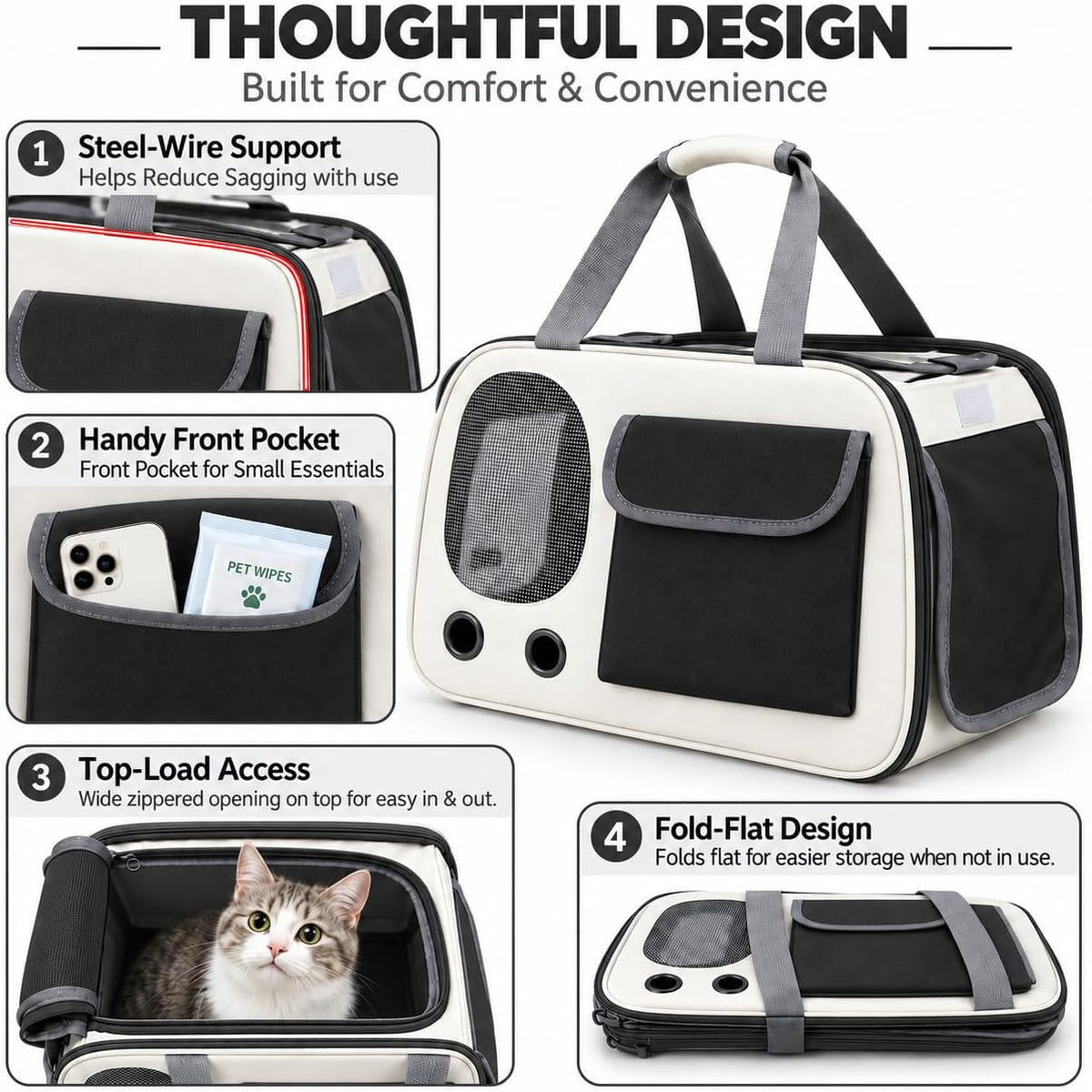 Soft-Sided Cat Carrier, 17.7“×10.2”×11“ Foldable Portable Pet Travel Bag, Cream & Black