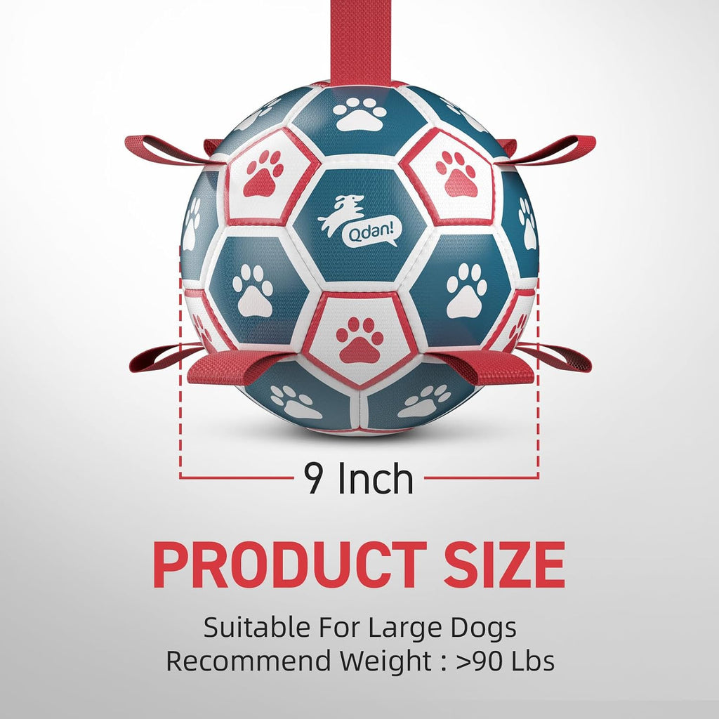 QDAN Large Dog Soccer Ball with Straps, 9 Inch Big Balls for >90 lbs Dogs | Giant Herding Ball for Dogs, Interactive Dog Toys for Tug of War, Puppy Birthday Gifts, Water Toy, Training Soccer Balls
