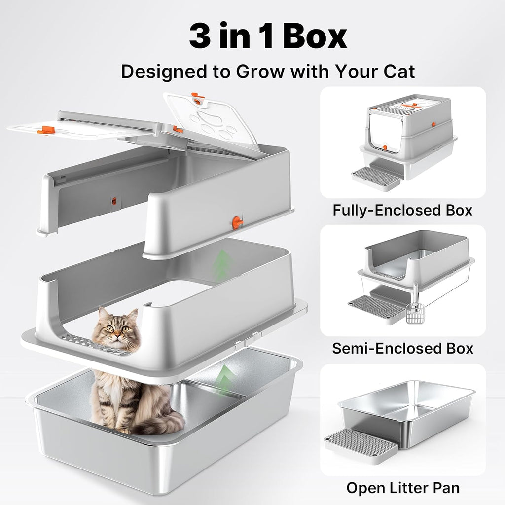 Stainless Steel Litter Box with Flip Lid, XL Extra Large Cat Litter Box with High Sided Top Entry Design, Anti-Leakage Enclosed Metal Litterbox for Big Cats, with Handle, Mat, Pedal & Scoop Grey