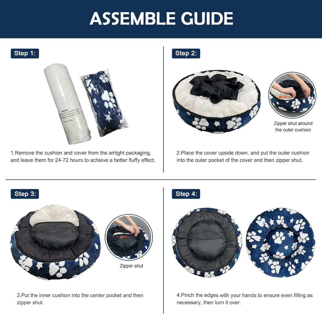 Round Cat Beds for Indoor Cats, Small Donut Dog Beds, Navy Blue, 20"