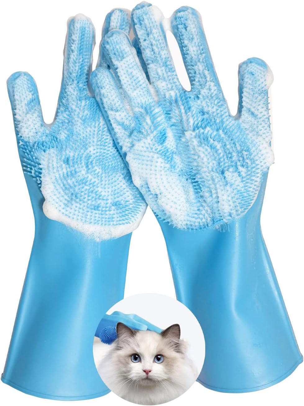 Pet Grooming Gloves, Silicone Bath Massage Gloves, Wet Dry (Blue)