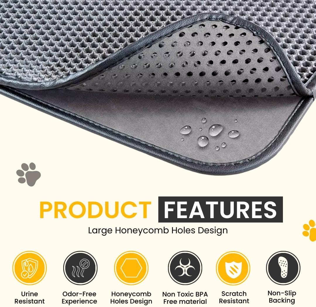 Andalus Brands Large Cat Litter Mat - Waterproof & Urine-Proof Litter Box Mat, Non-Slip Kitty Litter Mats for Floor, Easy to Clean Litter Trapping Design (30" x 24", Grey)