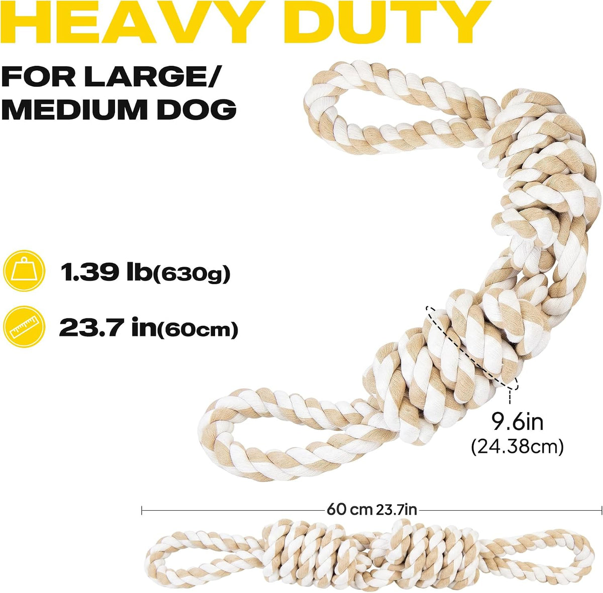 Fida Dog Rope Toys for Aggressive Chewers, Tug Toys for Large Medium Dogs | Heavy Duty Pull Rope for Tug of War with 2 Handles, Natural Cotton, Teeth Cleaning