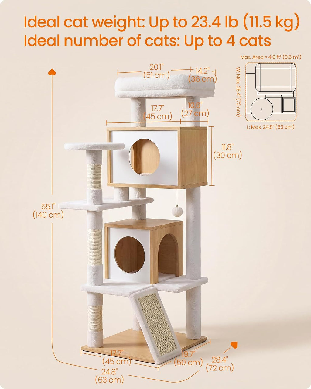 Feandrea Cat Tree, 5-Tier Cat Tower with 2 Condos, 55.1 in