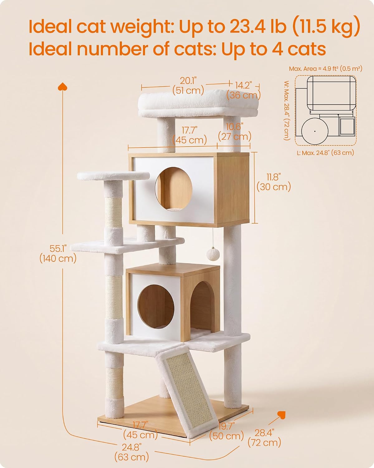 Feandrea Cat Tree, 5-Tier Cat Tower with 2 Condos, 55.1 in