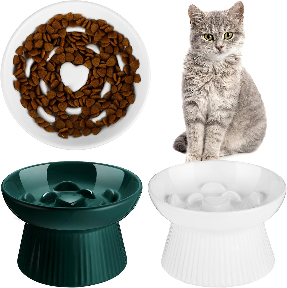 Tioncy 2 Pcs Ceramic Elevated Slow Feeder Cat Bowl, Dark Green, White