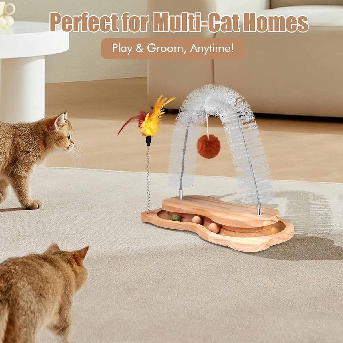 Cat Self Groomer, Cat Grooming Brush Scratcher Massager Arch for Indoor Cats Face Back Scratcher Rubbing Post Corner Brush w/ Kitten Interactive Catnip Ball Track Toy for Chasing Hunting Exercise