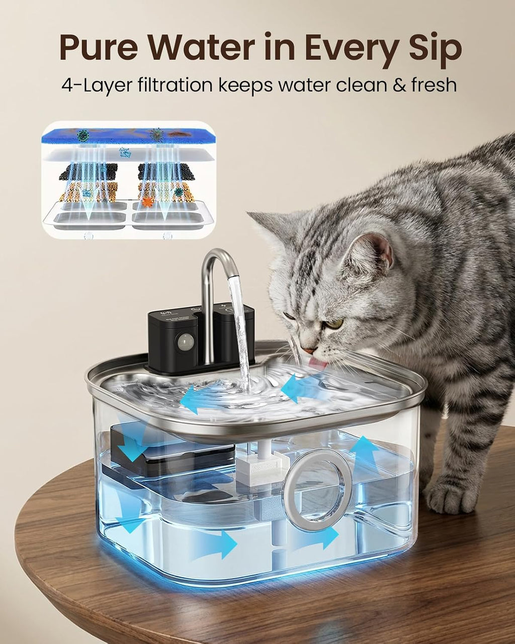 Cordless Cat Water Fountain, 3.2L/108oz Stainless Steel Cat Fountain