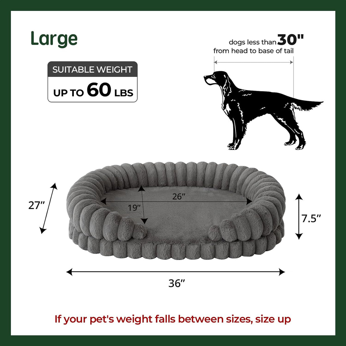 BALANCE Calming Dog Bed for Large Sized Dogs, 36 Inches Oval Washable Pet Bed with Sides, Orthopedic Pet Couch Sofa with Non-Slip Bottom, Gray