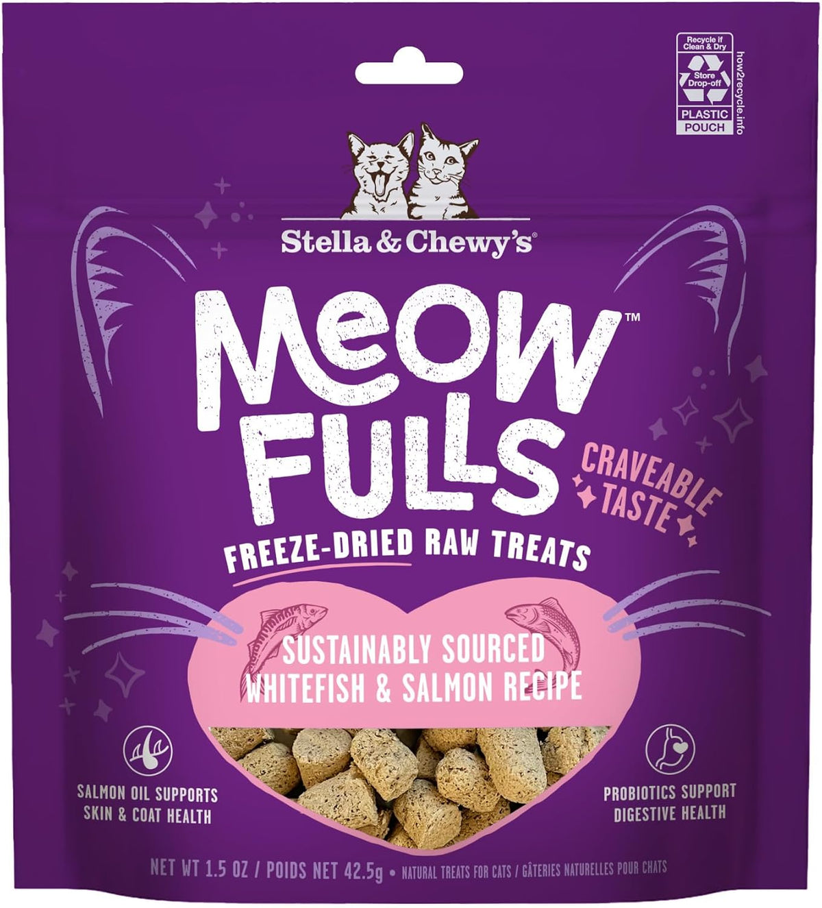 Stella & Chewy's Meowfulls Freeze Dried Cat Treats - Whitefish & Salmon Recipe - Raw Protein with Probiotics & Salmon Oil - 1 Calorie Per Treat - 1.5 oz