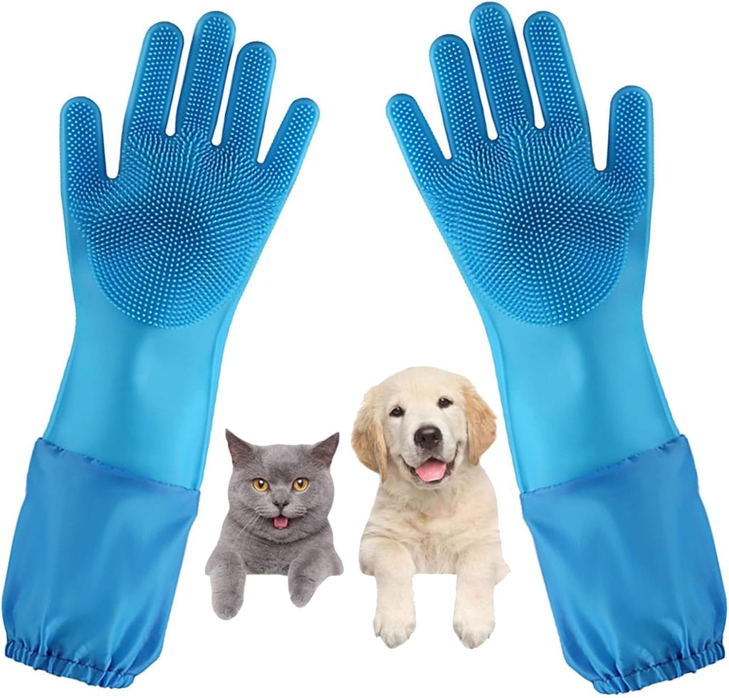 Dog Washing Gloves, Pet Grooming Gloves with Soft Brushes, Bathing and Massaging for Dogs and Cats, Silicone Heat Resistant Cleaning Gloves with High-Density Teeth (Blue)