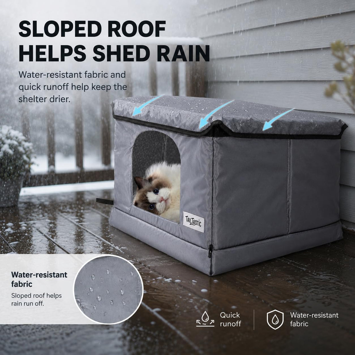Tailtastic Outdoor Cat House with Seamless Sloped Roof, Insulated, Grey