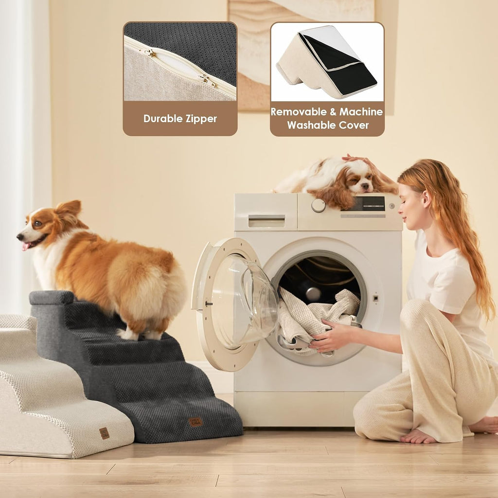 EHEYCIGA 5-Step Curved Dog Stairs for High Beds 20.7" H, Beige