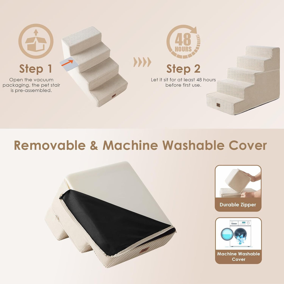 EHEYCIGA Dog Stairs for High Bed 22.5" H, 5-Step Dog Steps, Beige