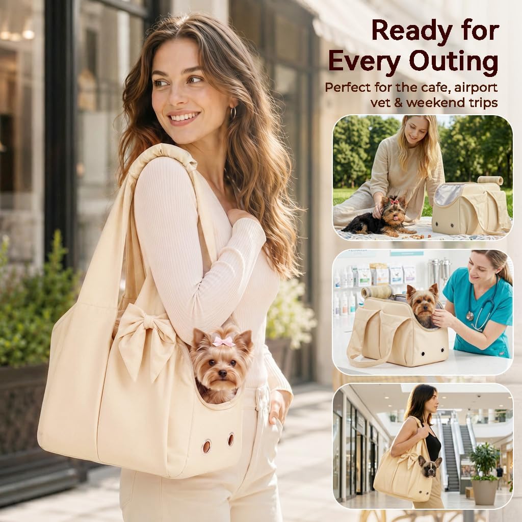 Fashion Dog Purse Carrier for Small Dogs and Cats, Soft-Sided Puppy Tote Bag Up to 6 lbs, Lightweight Pet Carrier with 4 Pockets, Smart Zipper Lock, Pet Travel Bag for Travel Outdoor(Beige)
