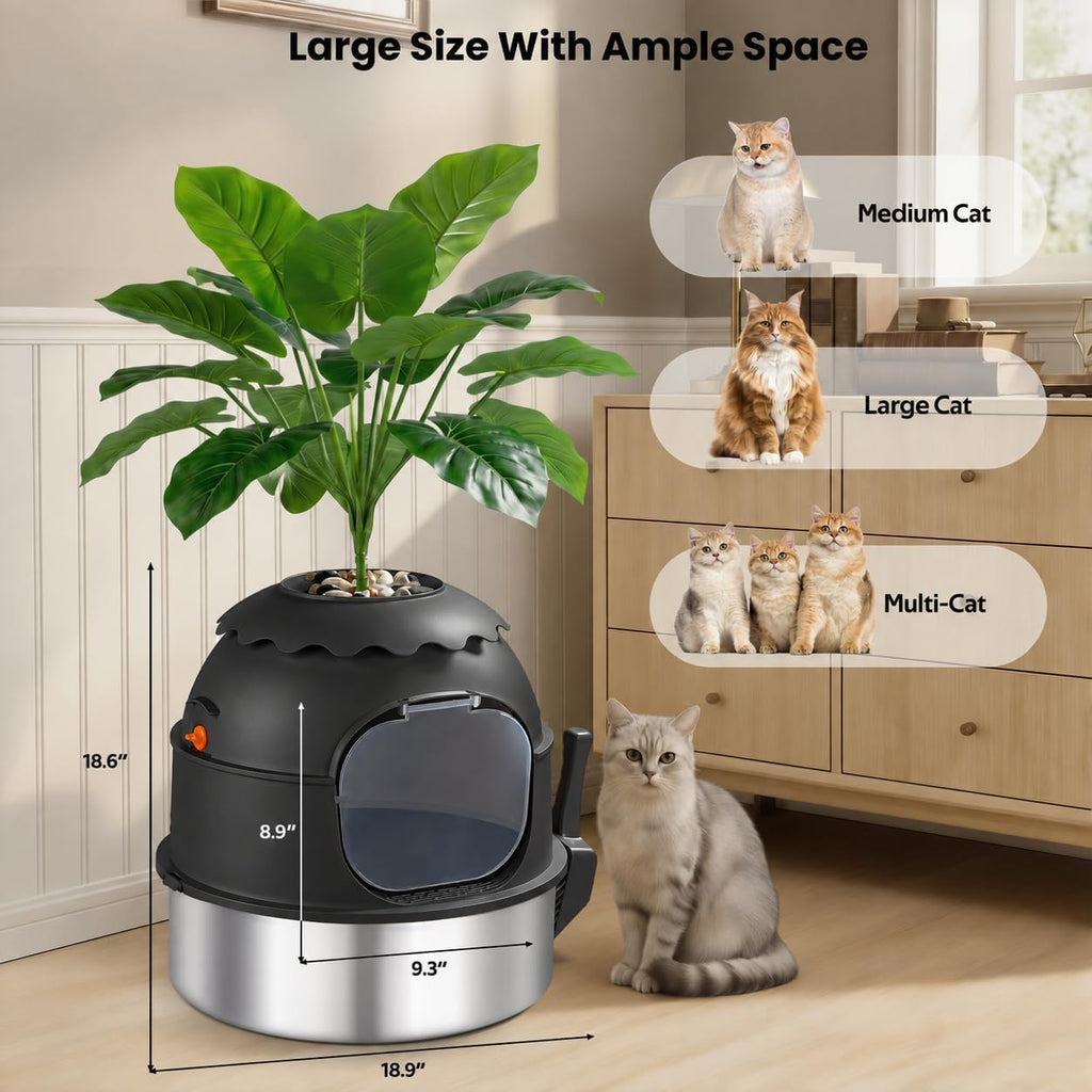 Hidden Litter Box, Stainless Steel Litter Box with Faux Plant Decor, Litter Box Enclosure with Clear Front Door, Includes Scoop & Litter Mat, Odor Control, Easy to Clean (Black)
