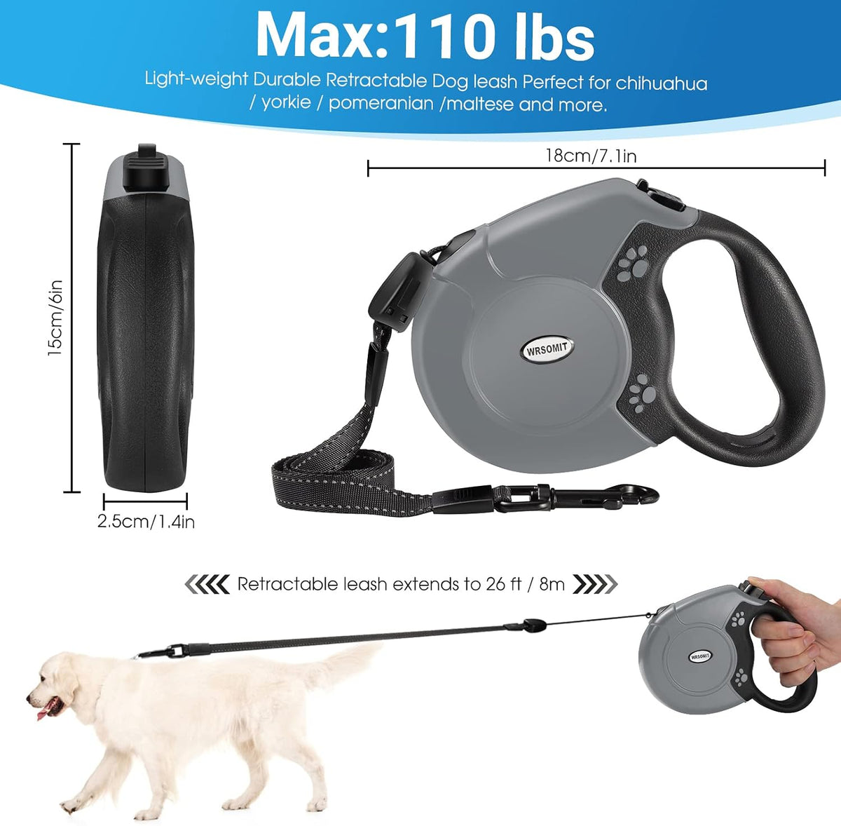 360°No Tangle 26 Ft Retractable Dog Leash for Dogs up to 99lbs