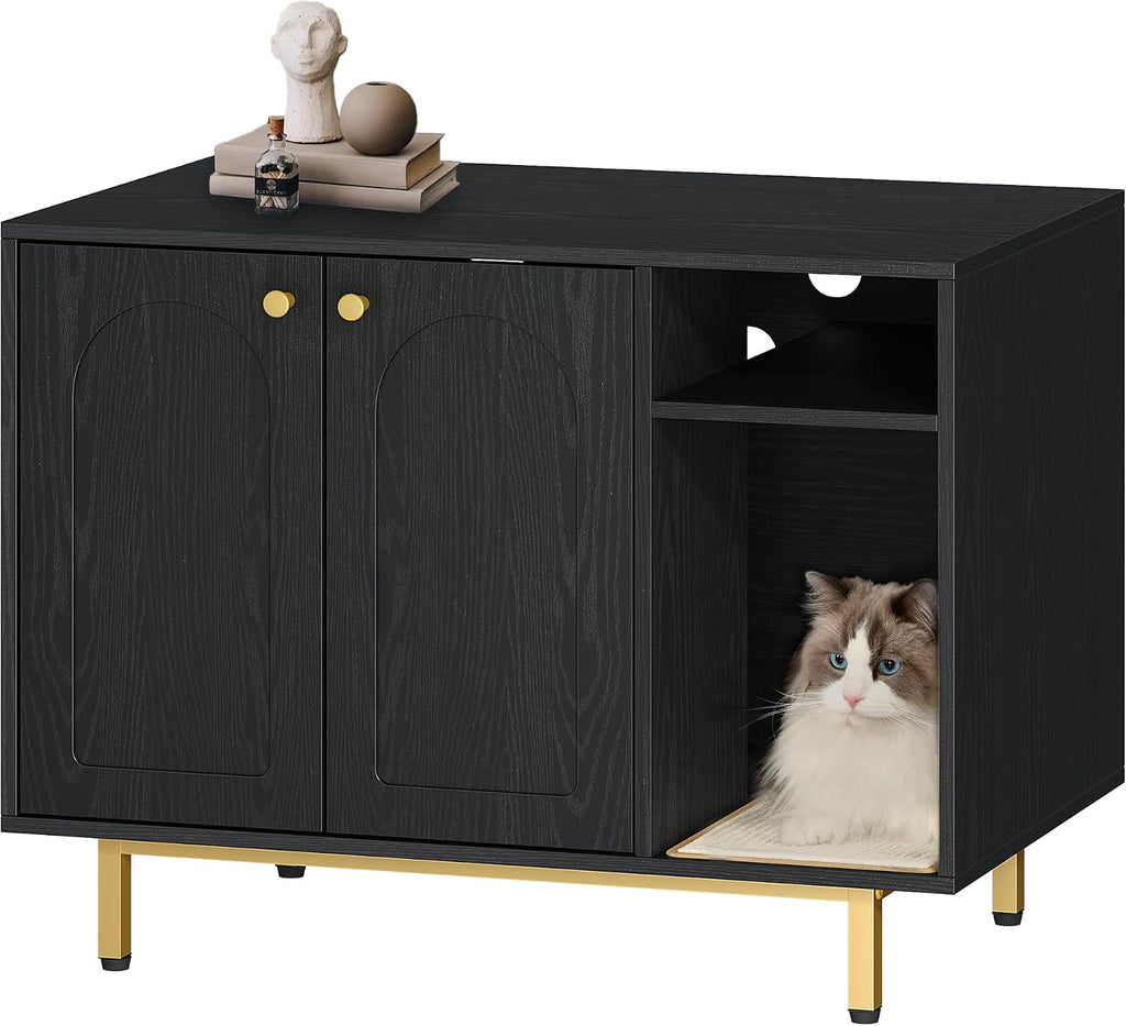 Hzuaneri Cat Litter Box Enclosure, Hidden Litter Box Furniture with Storage | Large Wooden Cabinet with Sisal Mat, Modern Cat Washroom for Living Room, Bedroom, Entryway, Black and Gold CB01504G