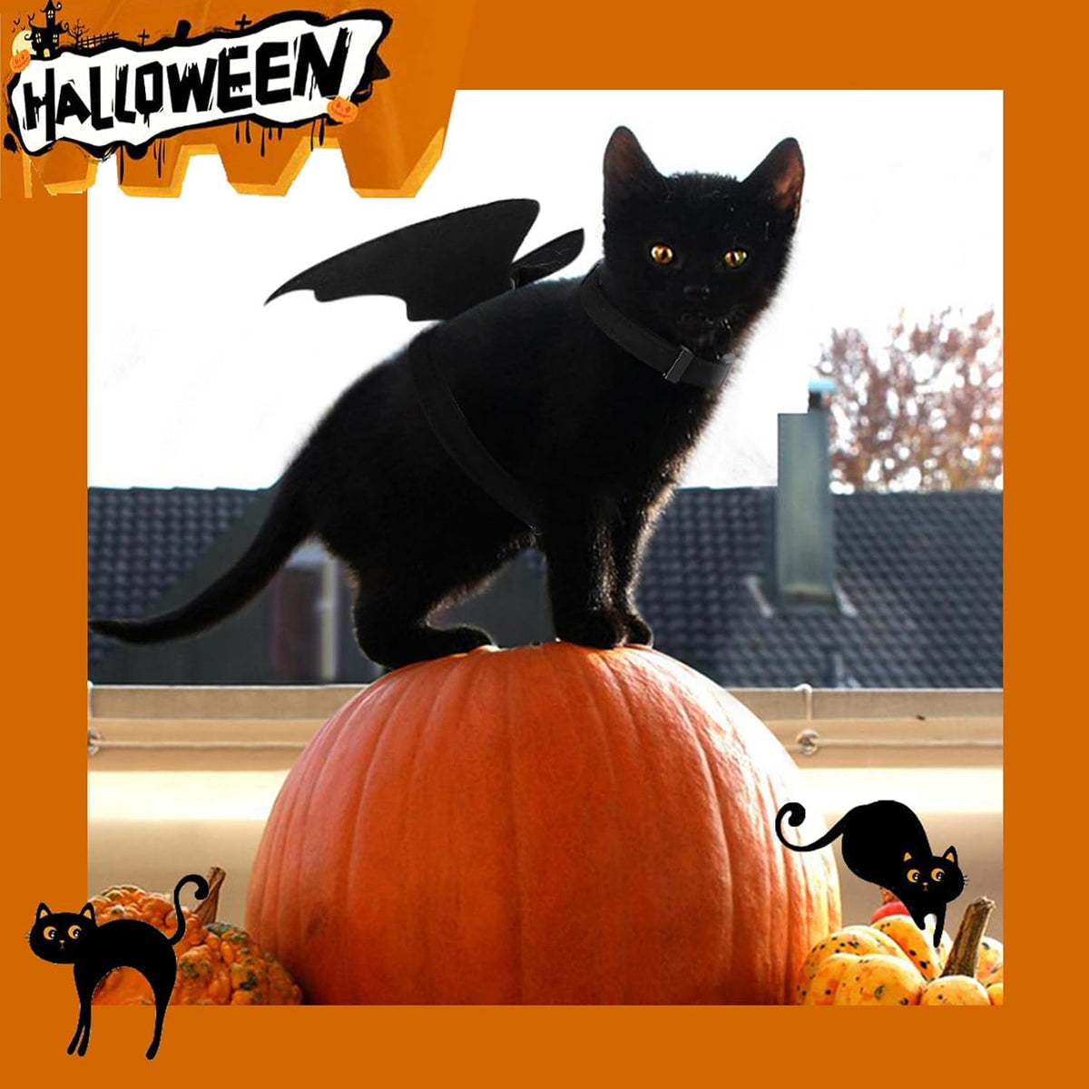 LeLehome Halloween Costume Pet Harness and Leash Set for Cats & Dogs - Cute Bat Wings with Pumpkin Jingle Bell, Adjustable Straps for Kitten, Puppy, Rabbit, Party Cosplay Accessory (S)
