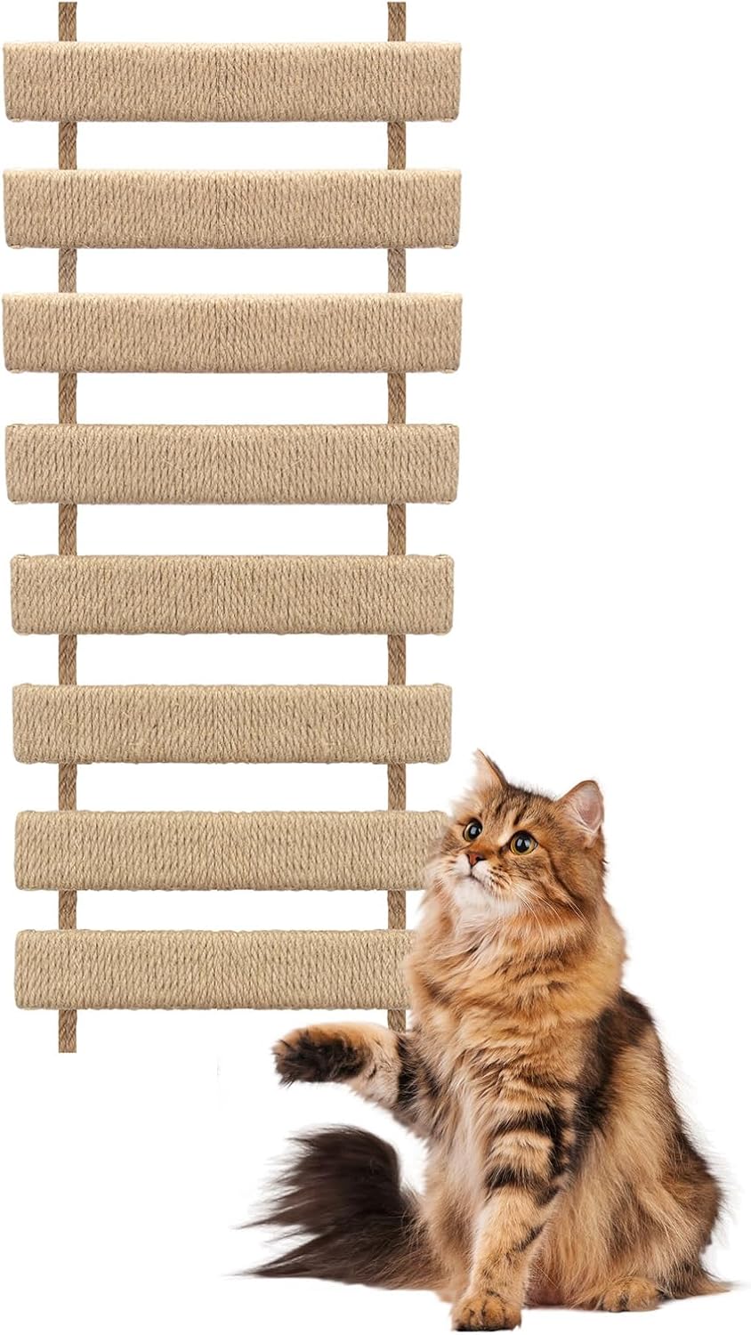 Cat Ladder & Bridge for Indoor Cats - Wooden Cat Wall Furniture with Climbing Rope - Wall Mounted Cat Shelves for Play & Lounging (Wood Tone, A-20in)
