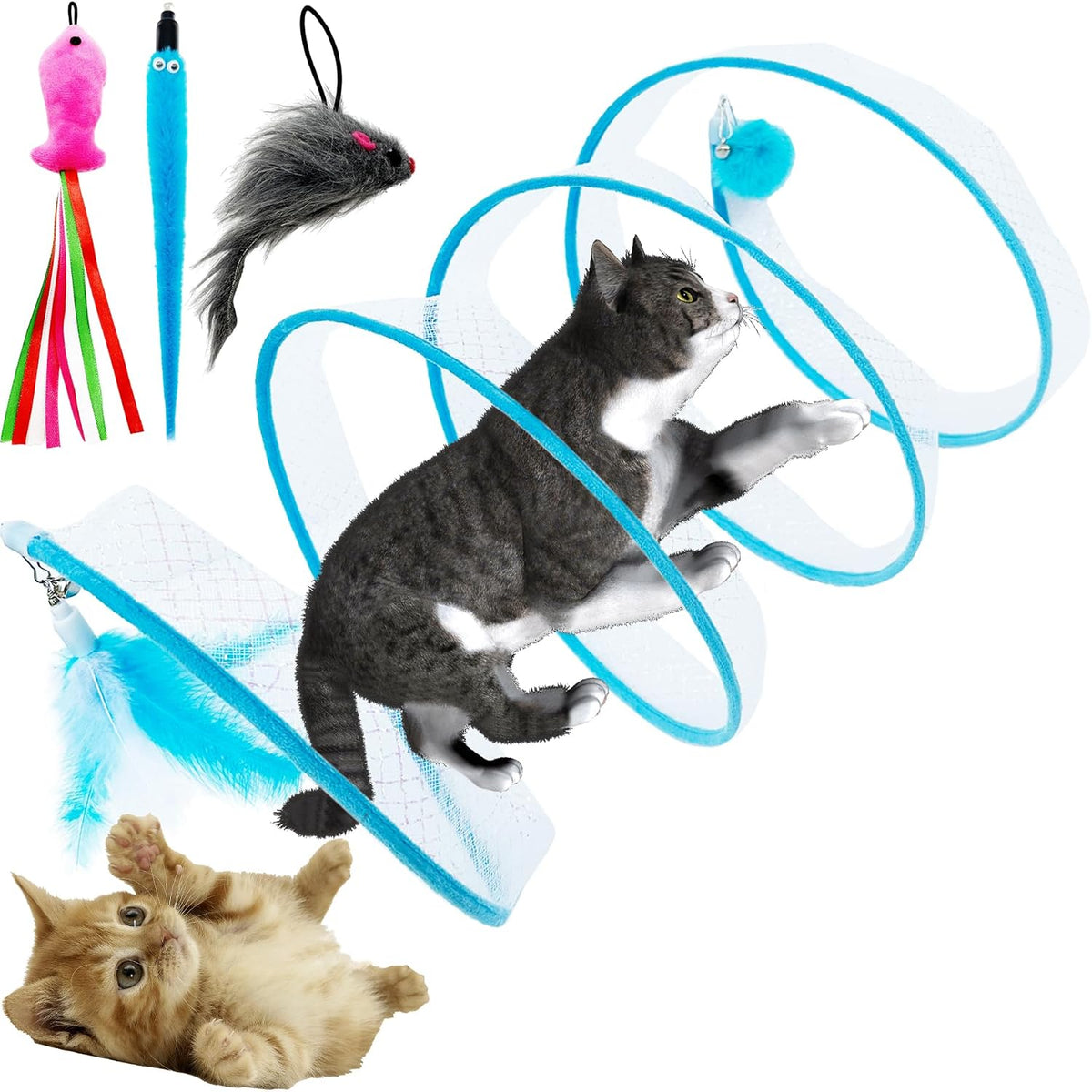Self Play Cat Hunting Spiral Tunnel Toy, Folded Cat Spring Tunnel Toys for Indoor Cats (Blue)