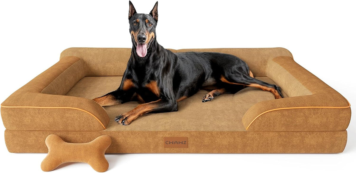 CWAWZ XXL Dog Bed - Giant Orthopedic, Cooling Gel Memory Foam, Waterproof with Removable Cover, 53" Sofa Bed, Dutch Velvet with Bone Toy, Brown