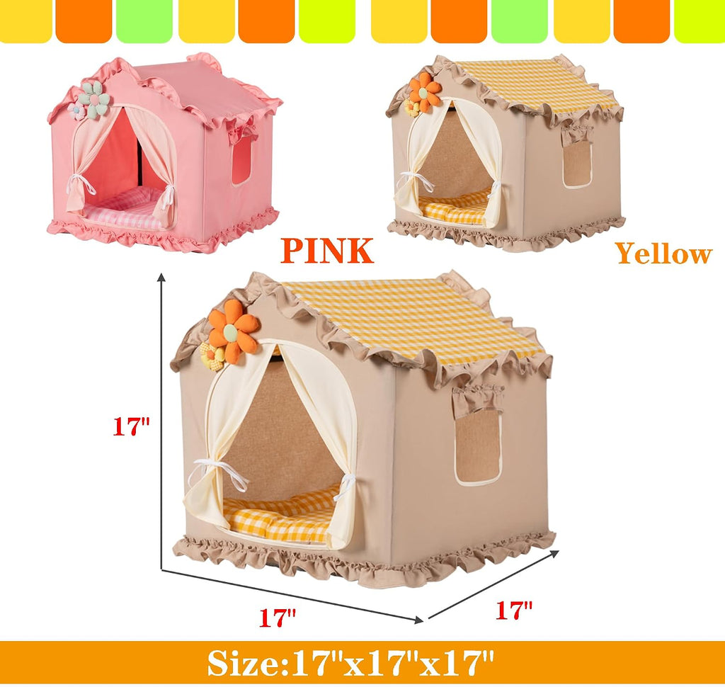 Yellow Indoor Cat House with Frame Foldable Breathable for Small Dog