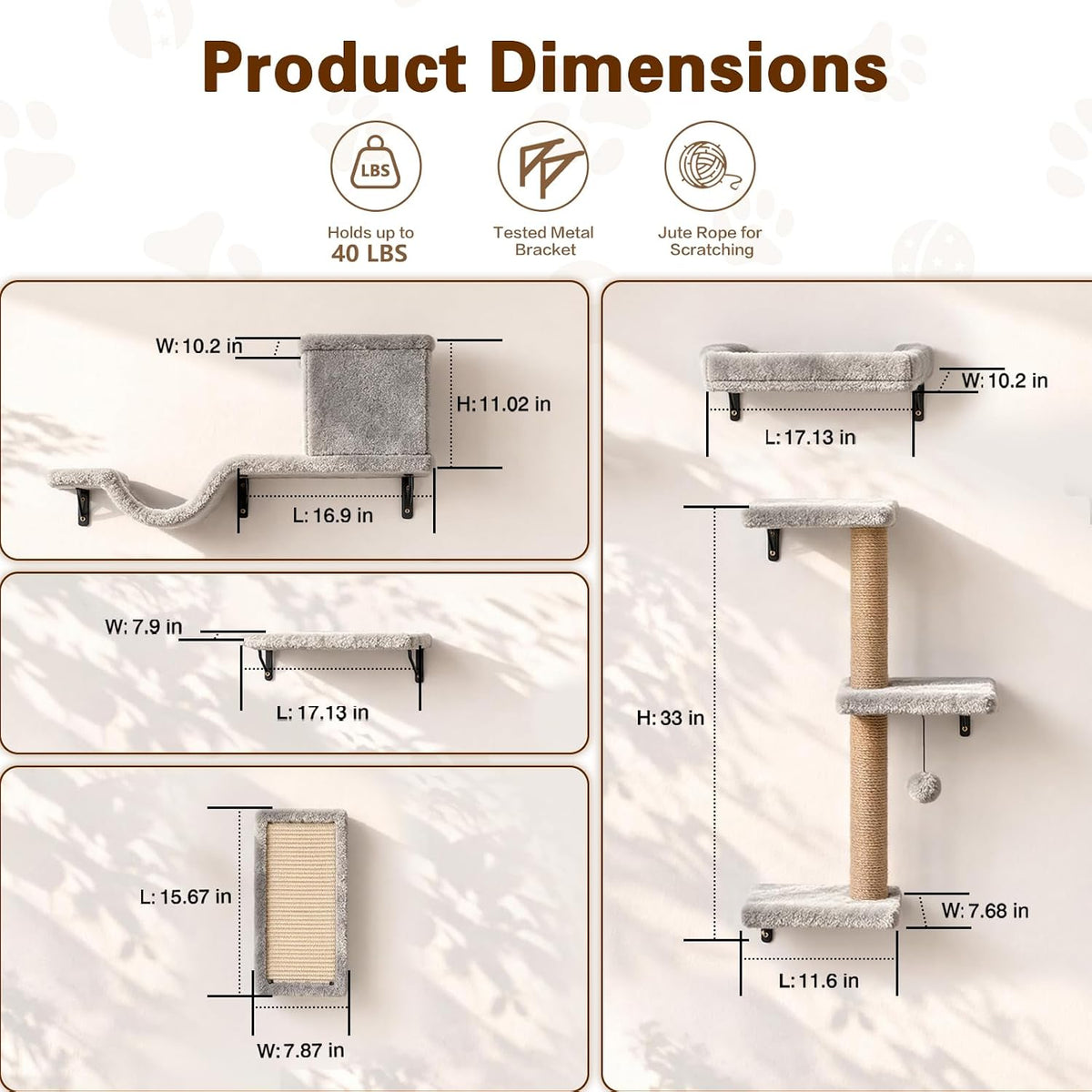 6-in-1 Cat Wall Shelves for Indoor Cats, Wall Mounted Cat Furniture