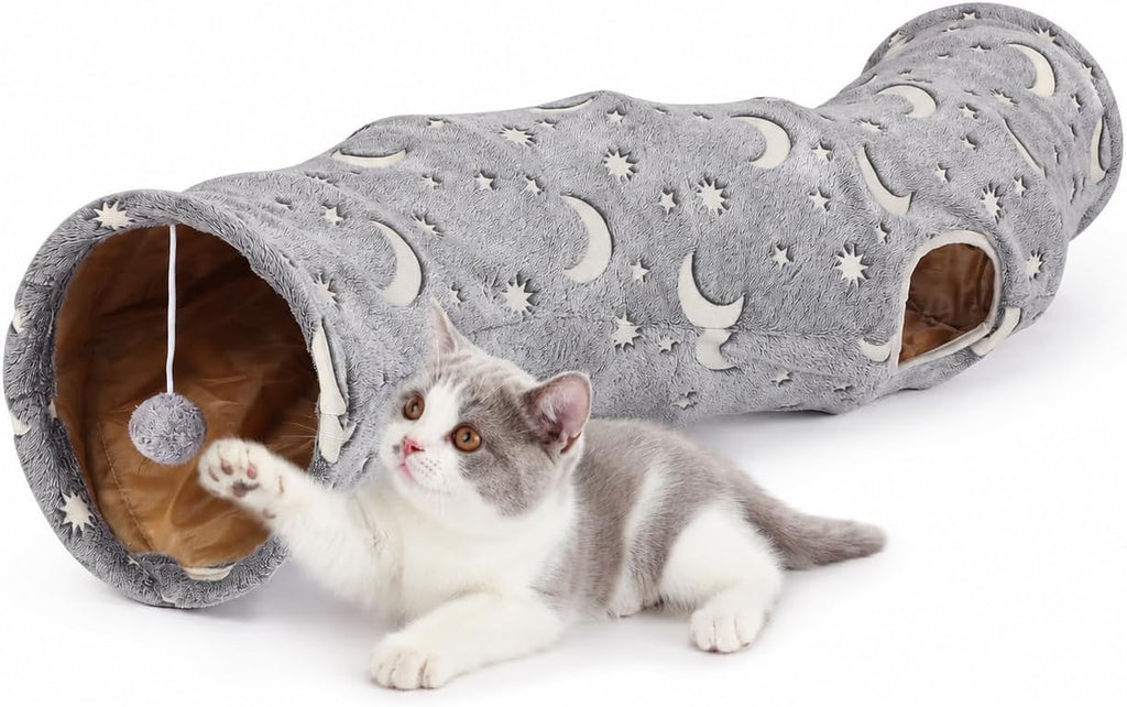 Cat Tunnel Tube with Plush Ball Toys Collapsible Self-Luminous Photoluminescence, for Small Pets Bunny Rabbits, Kittens, Ferrets,Puppy and Dogs Grey Moon Star (S-Shape)