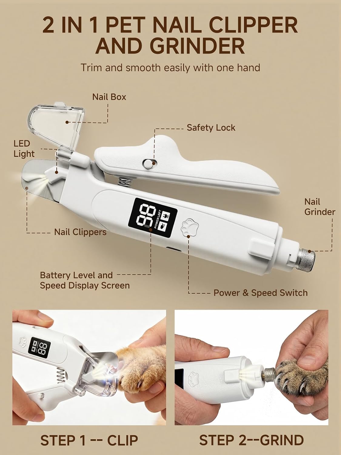 Dog Nail Clippers with Light, Dog Cat 2-in-1 Nail Clipper & Grinder Trimmer