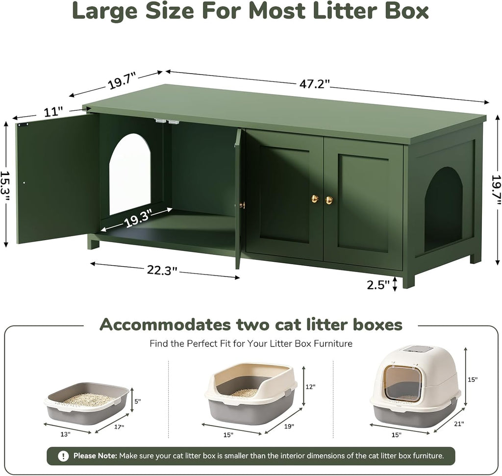47.5" L Cat Litter Box Enclosure Furniture for 2 Cats, TV Stand, Green