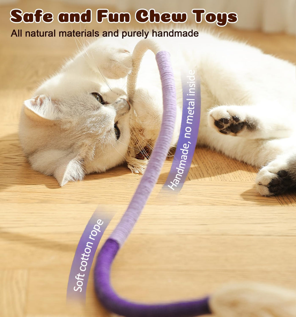 Cat Chew Ropes 4Pcs, Safe Cat Chew Toys for Indoor Cats with Catnip | with Gall Fruit,Safe Teeth Cleaning Chew Toys,Interactive Kitten Nip toys for All Breeds,19.5 inches,Boredom Buster