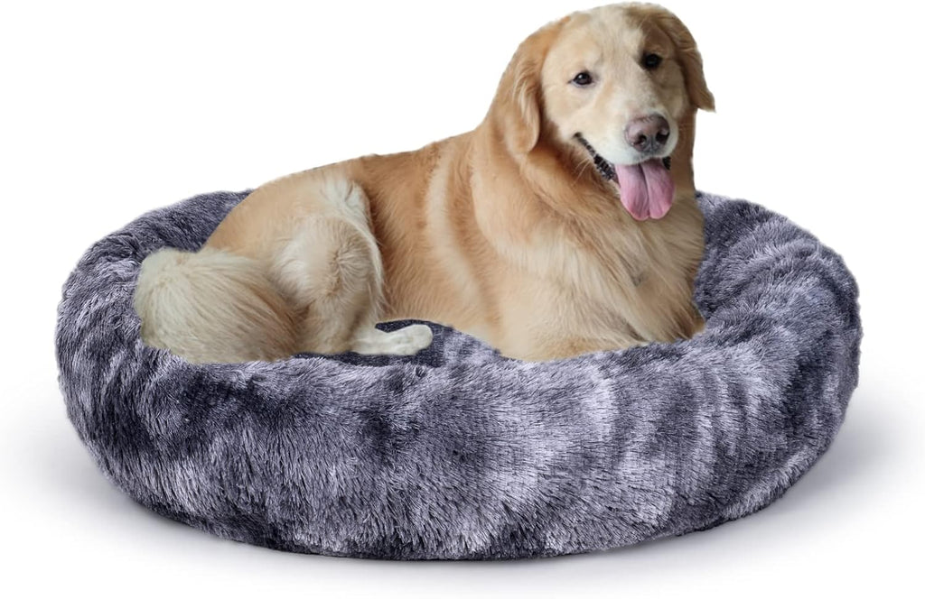 Coohom Oval Calming Donut Cuddler Dog Bed,Shag Faux Fur Cat Bed Washable Round Pillow Pet Bed(30"/36") for Small Medium Dogs (XXL(43"x34"x8"), Grey2021)