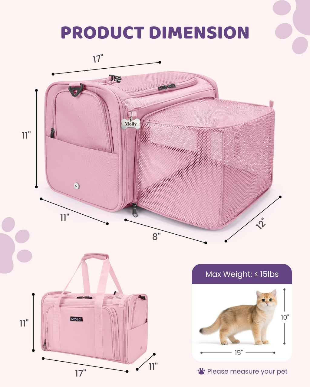 MIDOG Soft Cat Carrier Airline Approved, Expandable for Cats Up to 15lbs
