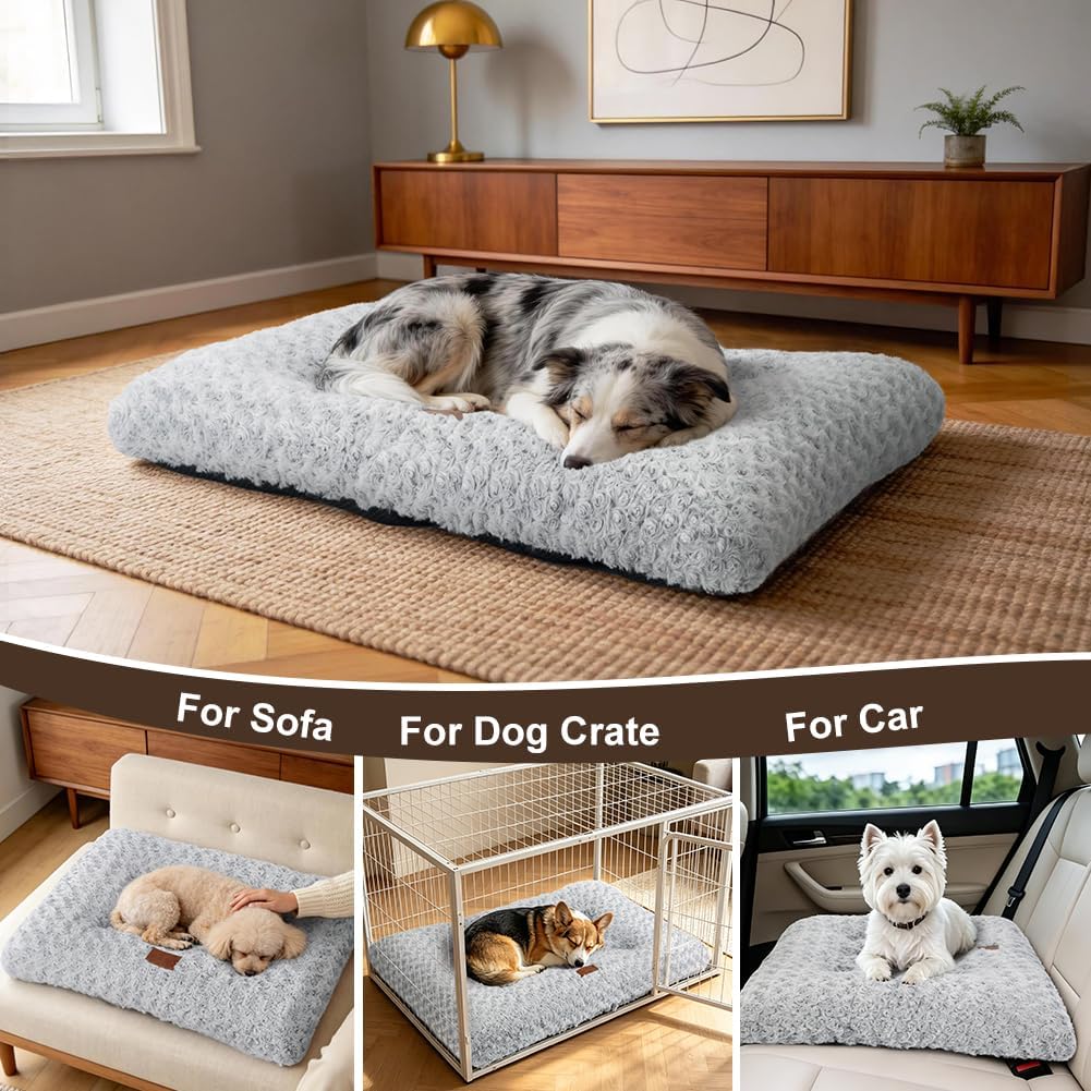 Dog Bed Crate Pad - Rosette Pattern White Velvet Pet Bed Anti-Slip Comfy Kennel Pad for Crates Rosette Grey M