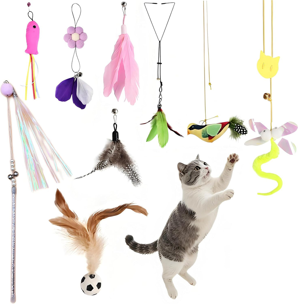 Interactive Cat Toys for Indoor Cats - 3-in-1 Feather Wand Cat Toy Set with Door Frame Hanging Cat Toy, Floor Feather Ball and Replaceable Feather & Tassel Teaser Heads